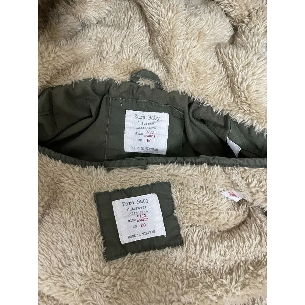 Zara Baby Green Hooded Jacket Faux Fur Size 9-12M